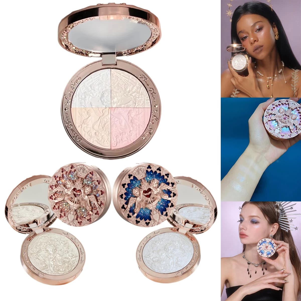 Flower Knows Little Angel Palette di evidenziatori per il viso in rilievo Diamond Glitter Contorno 3D Impermeabile Trucco duraturo Shimmer 8g