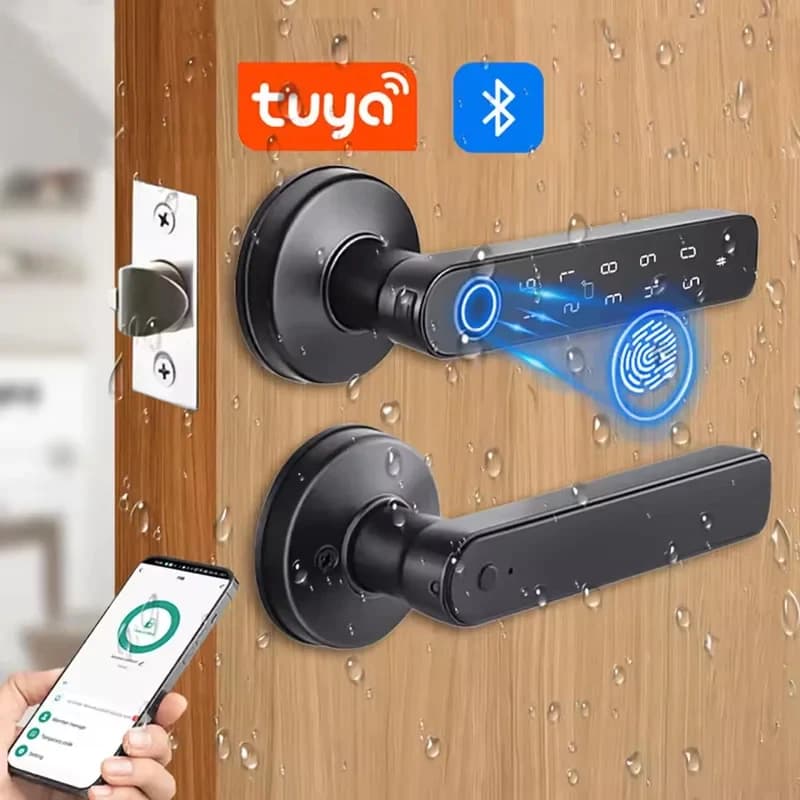 Serratura Intelligente Bluetooth con Impronta Digitale Tuya App, Sblocco con Password, Chiave Meccanica e NFC per Porte in Legno, Maniglia con Serratura IP65 Impermeabile