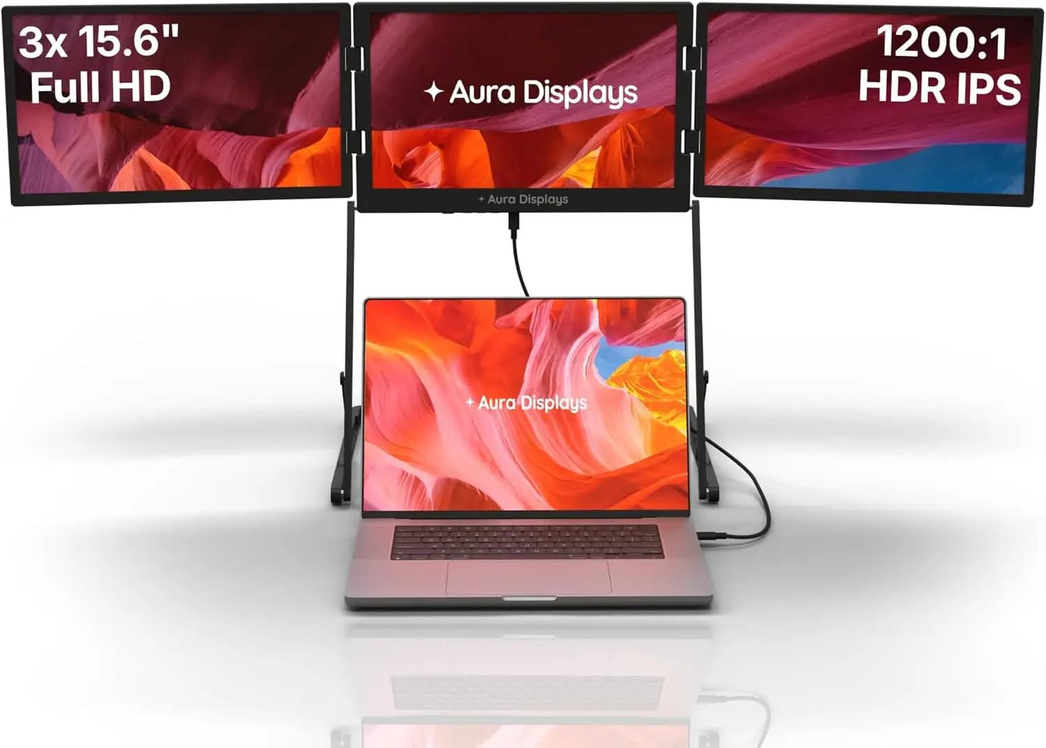 Estensore per Monitor | Completamente in Alluminio | Schermi Quadrupli | 3×15,6” FHD 1080P HDR IPS | USB-C e HDMI | Compatibile con laptop da 11-18 pollici