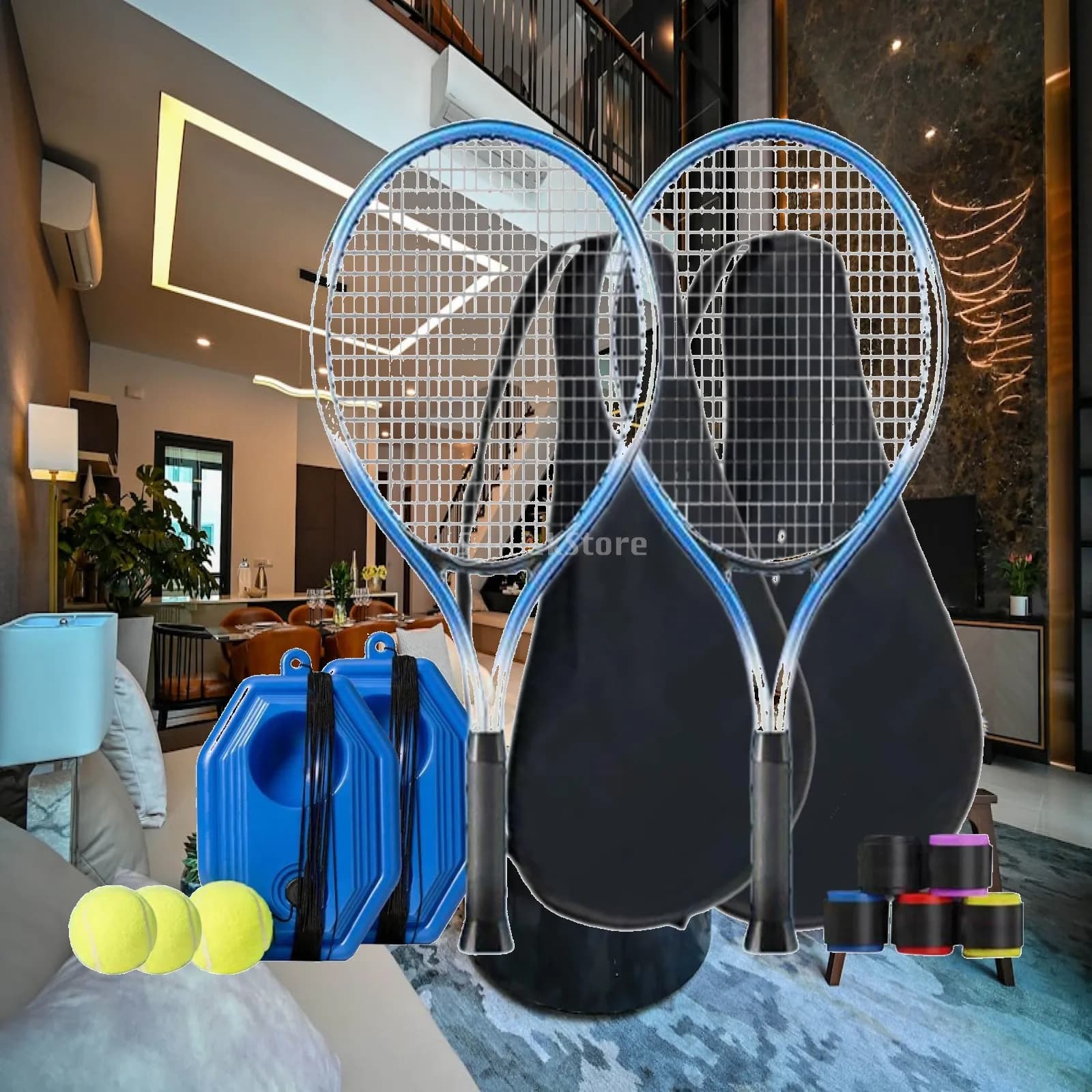 Portable Tennis Equipment Set Solo Racket Training Tools with Grip Tape Carry Case for Backyard Indoor Park Exercise