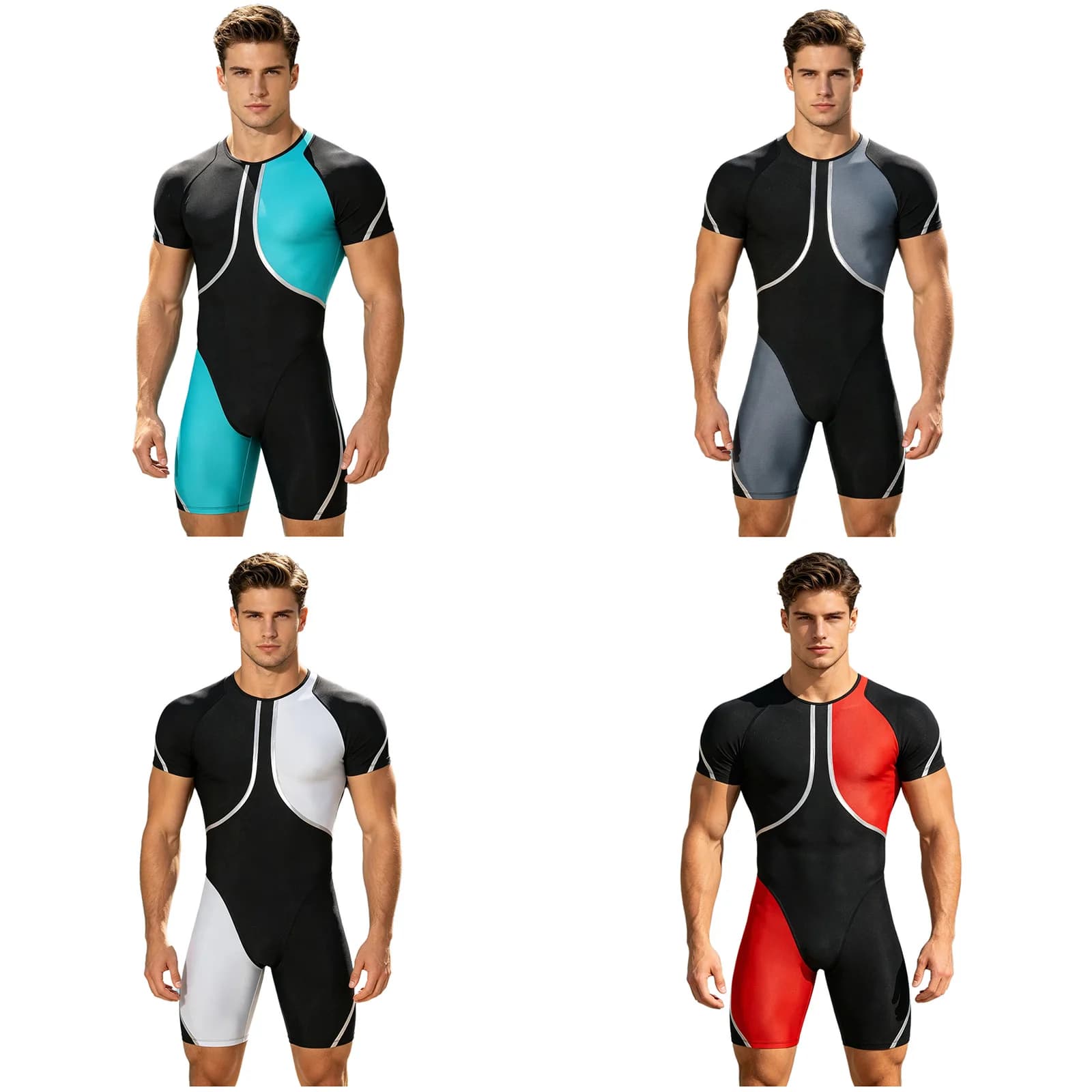 Men One-piece Swimsuit Rash Guard Wetsuit Short Sleeve Zipper Bodysuit Swimwear Surfing Diving Beach Pool Bathing Suit Beachwear