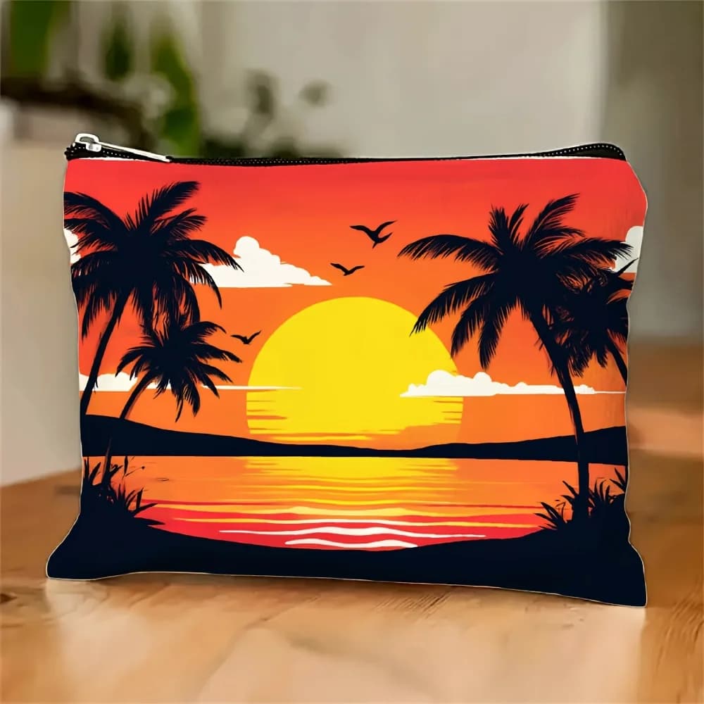 Una borsa per il trucco stampata con palme al tramonto tropicale: custodia multifunzionale con cerniera, borsa per riporre gioielli