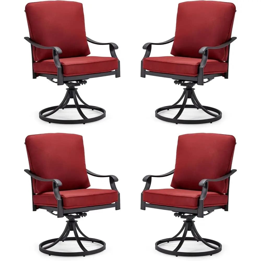 Set di sedie girevoli da esterno resistenti in 4 pezzi con cuscini, rosso