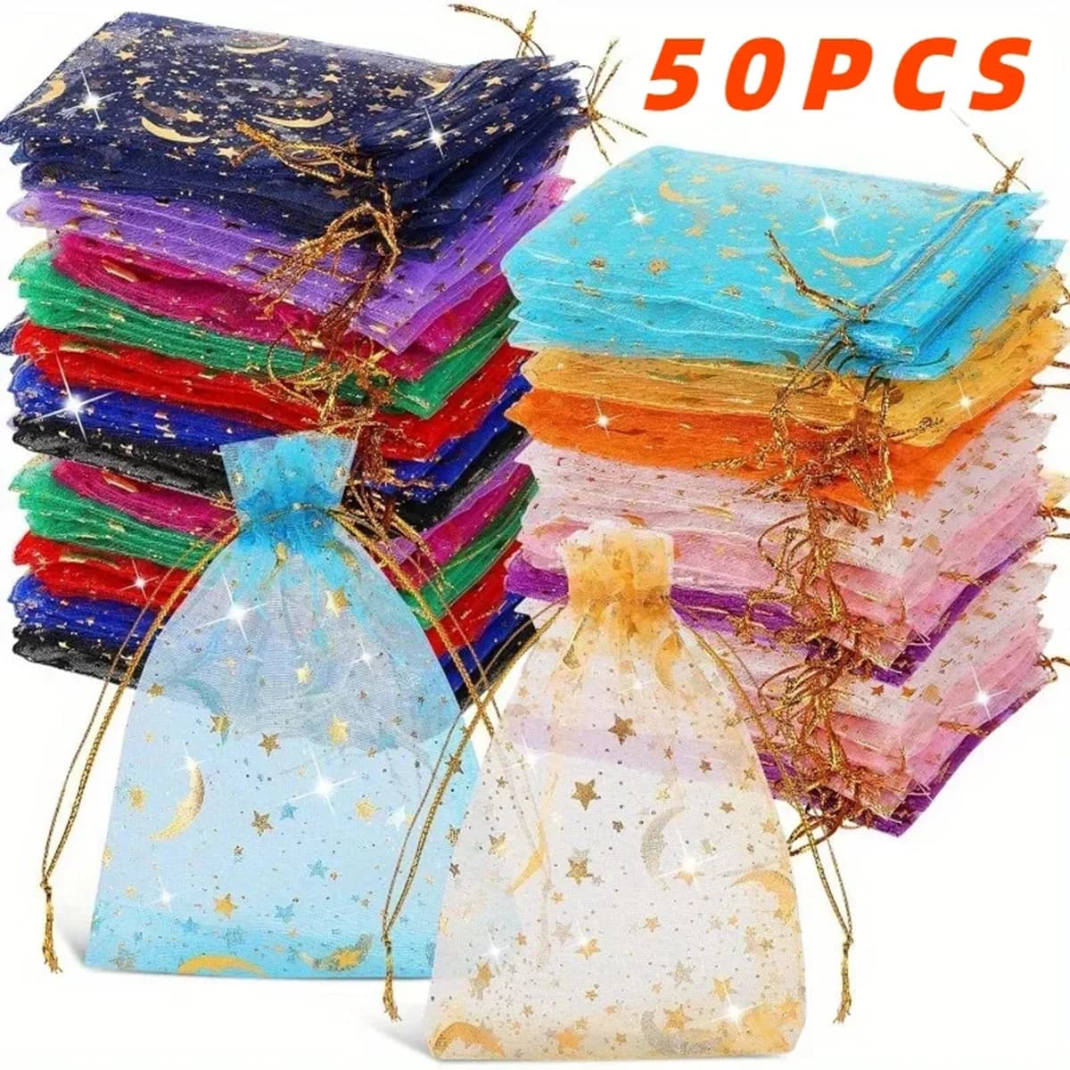 50 pz/lotto Colore Oro Luna Stella Sacchetto di Organza Sacchetto Regalo Sacchetti Regali Per La Festa Nuziale Sacchetto di Caramelle Imballaggio Dei Monili All'ingrosso