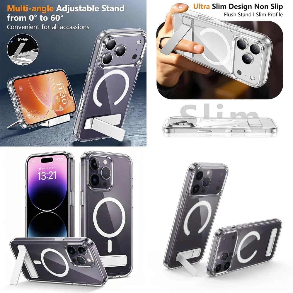 Slim Magnetic Clear Case Foldable Kickstand Full Body Protection Matte Frame for iPhone 15 16 17 14 13 12 mini 11 Pro Max Plus