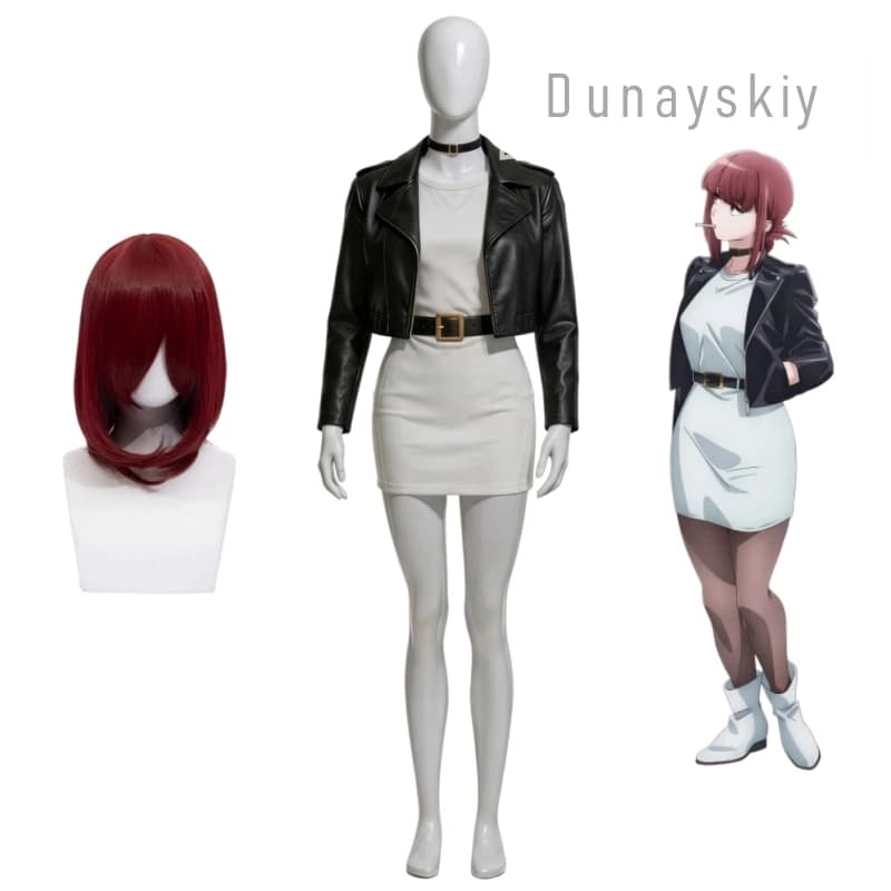 Yamada Tayama Cosplay Costume Wig Behind The Supermarket Smoking With You Black Leather Jacket White Mini Dress Mini Dress Black
