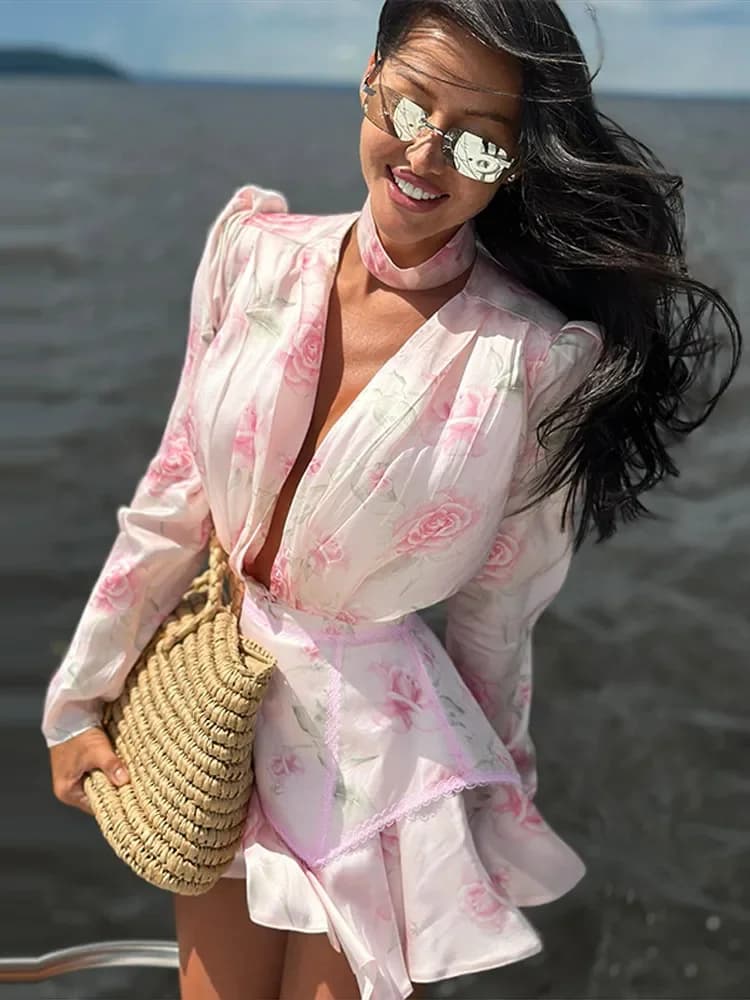 Elegant Women's Floral Mini Dress 2026 Waist Cincher Long Sleeve Halter Tunic Fitting Female Dresses Summer Lady Vacation Robe