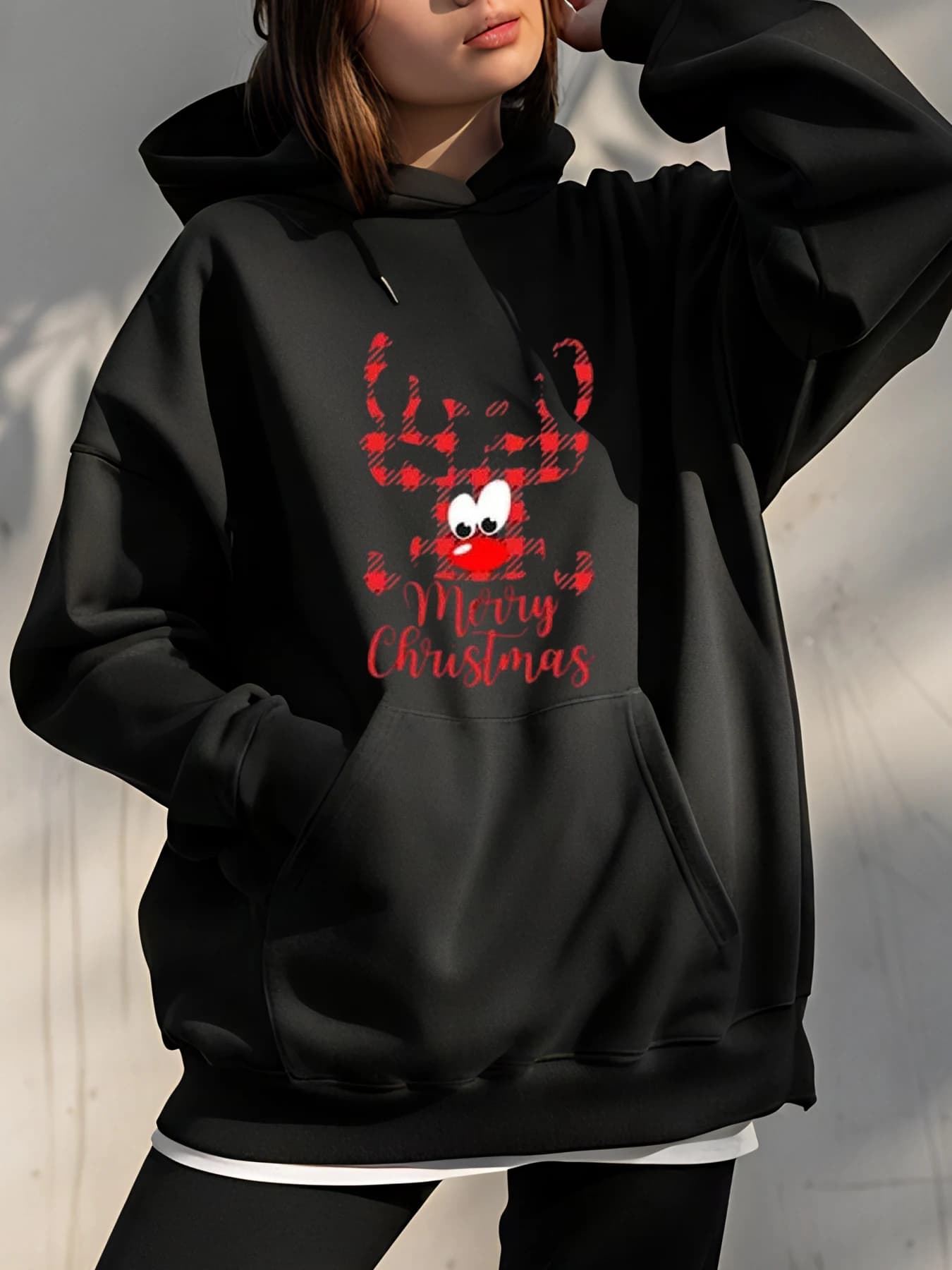 Hoodie with Scottish print of women's Christmas reindeer, casual winter clothing, festive dress, holiday gift