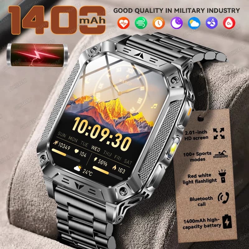 Nuovo Smartwatch Militare Outdoor Ultra Sportivo 2026 per Uomo, Batteria 1400mAh, 5ATM, Impermeabile, Torcia a Luce Rossa, Chiamate Bluetooth