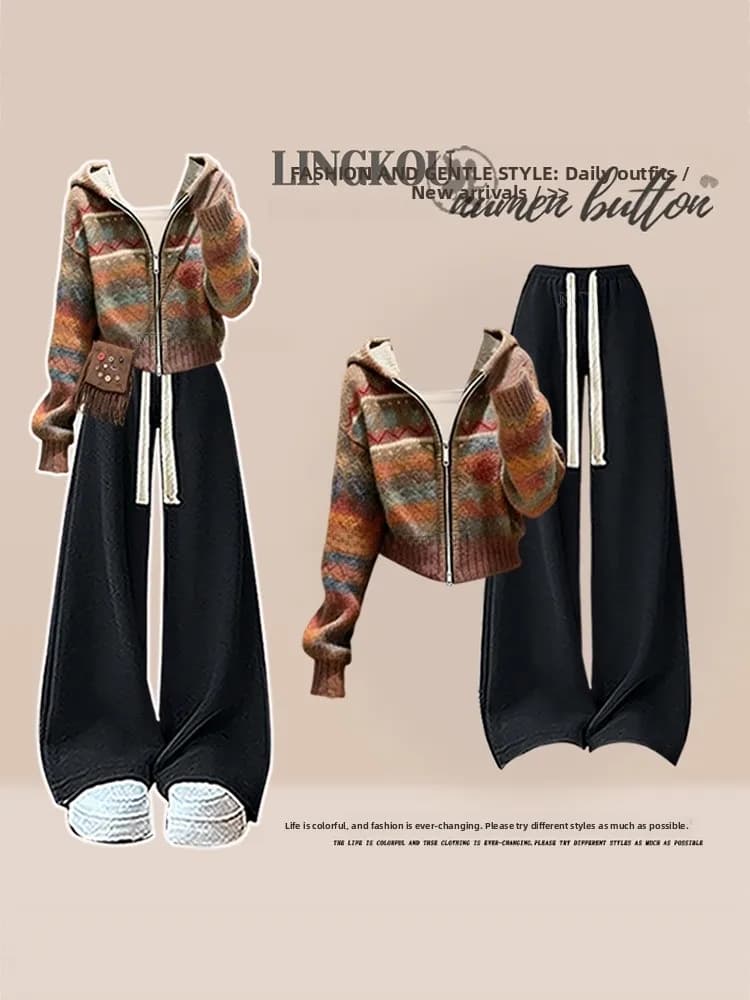 Completo due pezzi da donna taglie forti primavera autunno casual: giacca a righe snellente e pantaloni larghi a vita alta con chiusura a cerniera