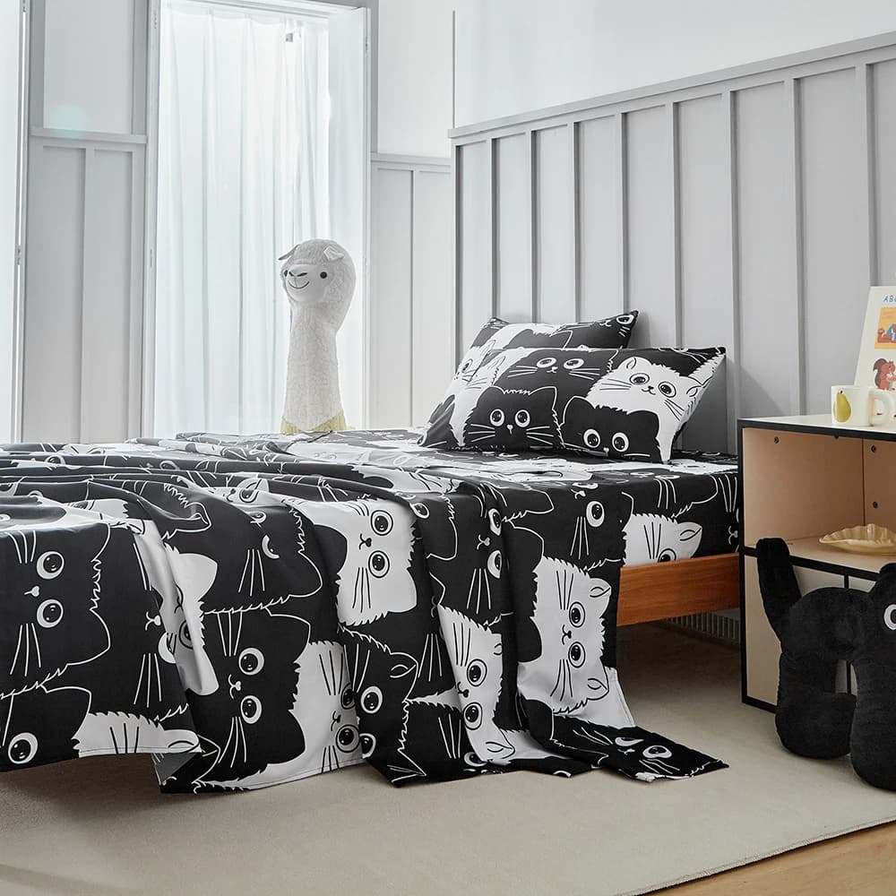 Lenzuola Elastiche Aderenti per Letto Singolo e Matrimoniale, Lenzuola Piatte per Gatti, Copriletto King Queen Size, Protezione Materasso, Biancheria da Letto 4 Pezzi