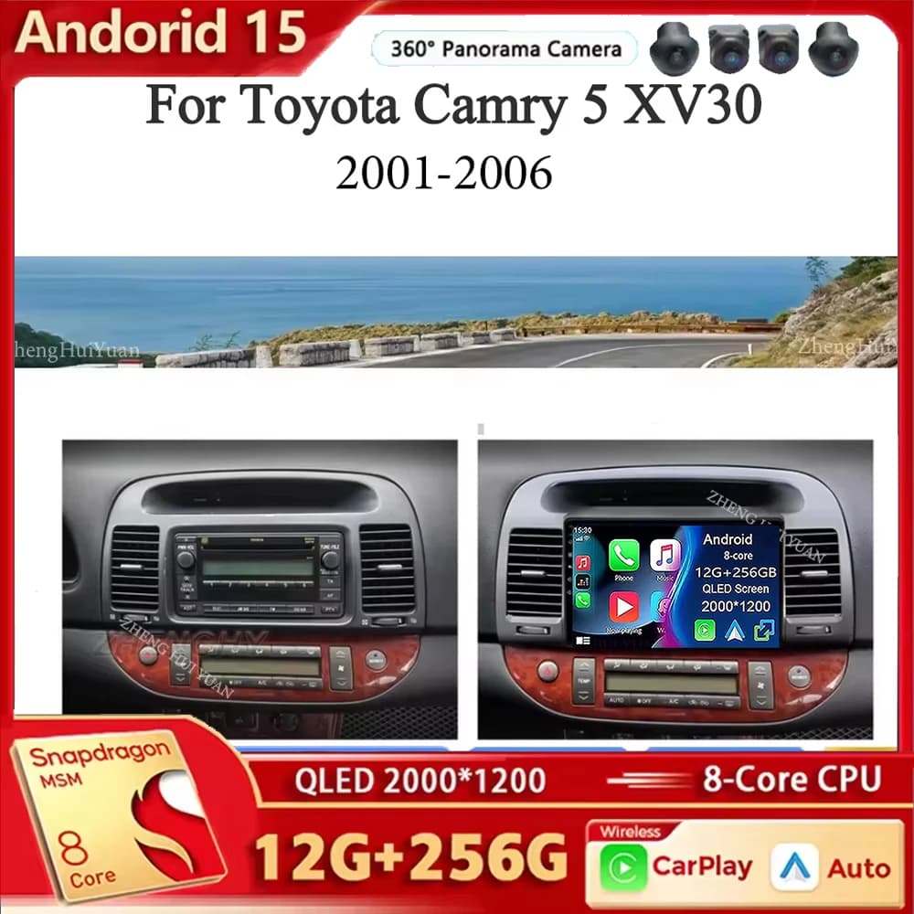Android 15 Per Toyota Camry 5 XV30 2001 2002 2003 2004 2005 2006 CarPlay Auto Autoradio Multimedia Video Player GPS stereo Testa
