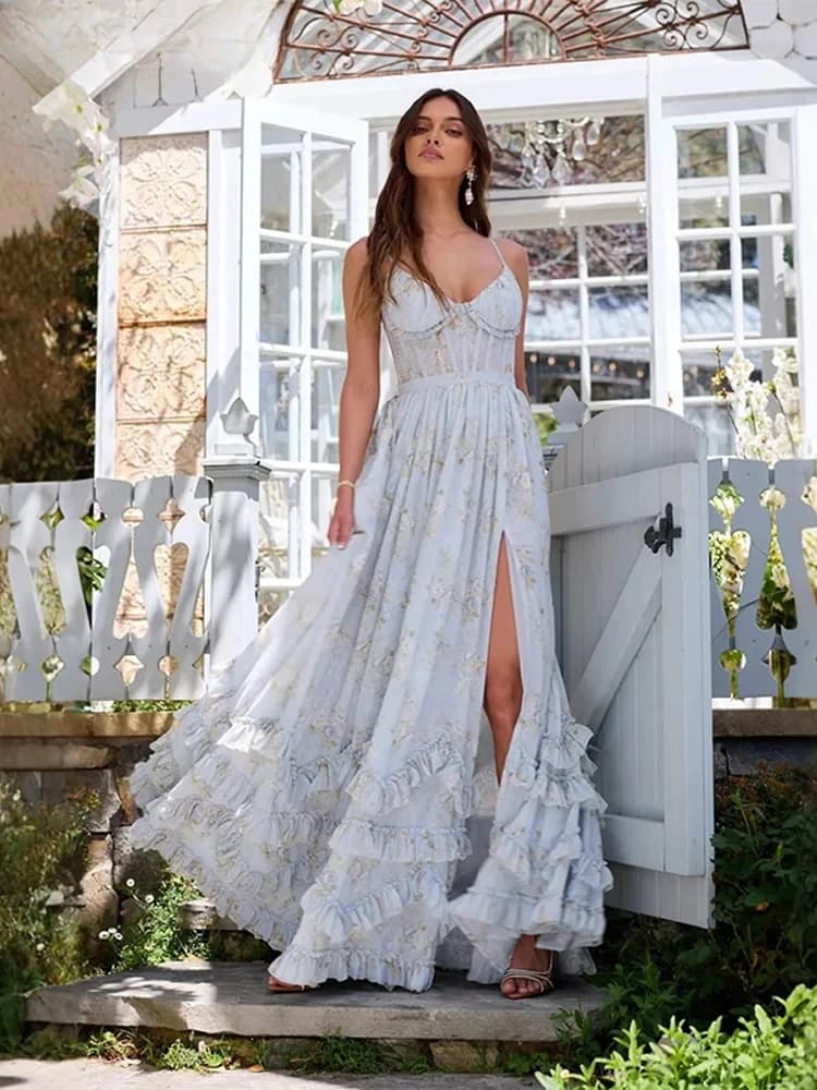 Elegant Print Split Dress Women's Waist Cinching Ruffle Hem Sleeveless Sling Long Dresses Summer New Lady Vacation Robes