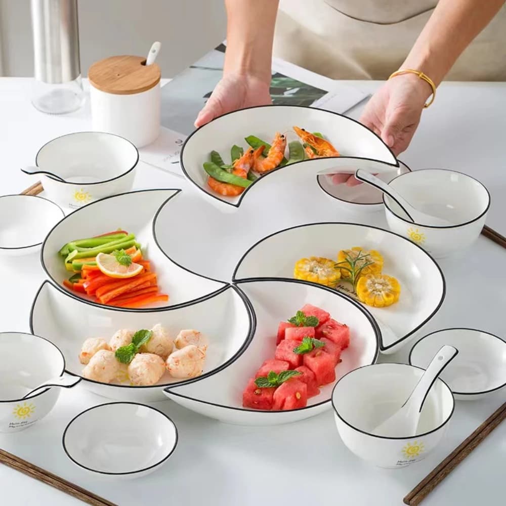 Set di stoviglie in ceramica per riunione da 5 pezzi Piatto caldo a forma di luna Combinazione flessibile di piatti in base al consumo alimentare