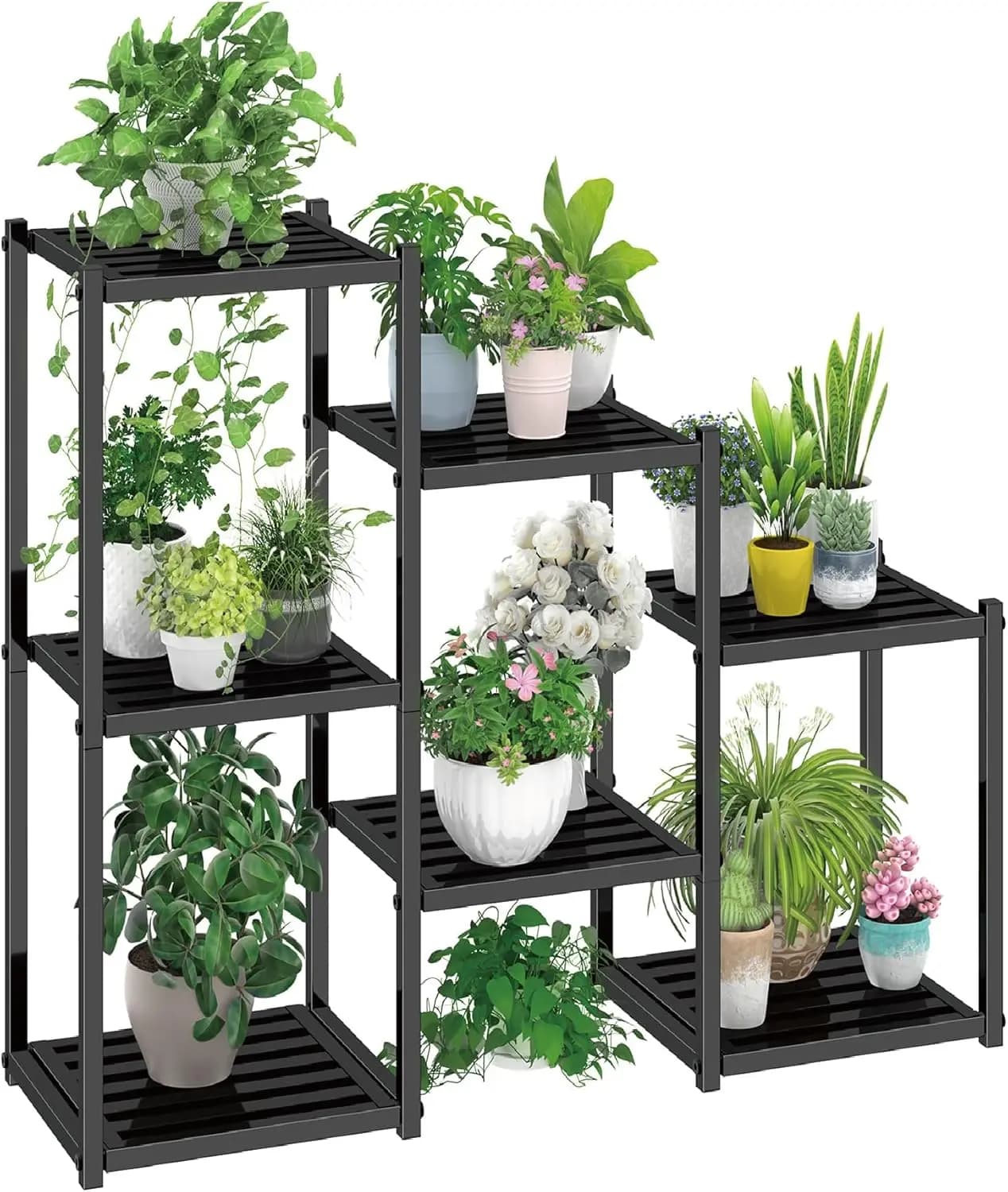 Support for Plants with 7 Resistant and Waterproof Metal shelves, Large Multipli Flower Jars, for Interior and Exterior, Black