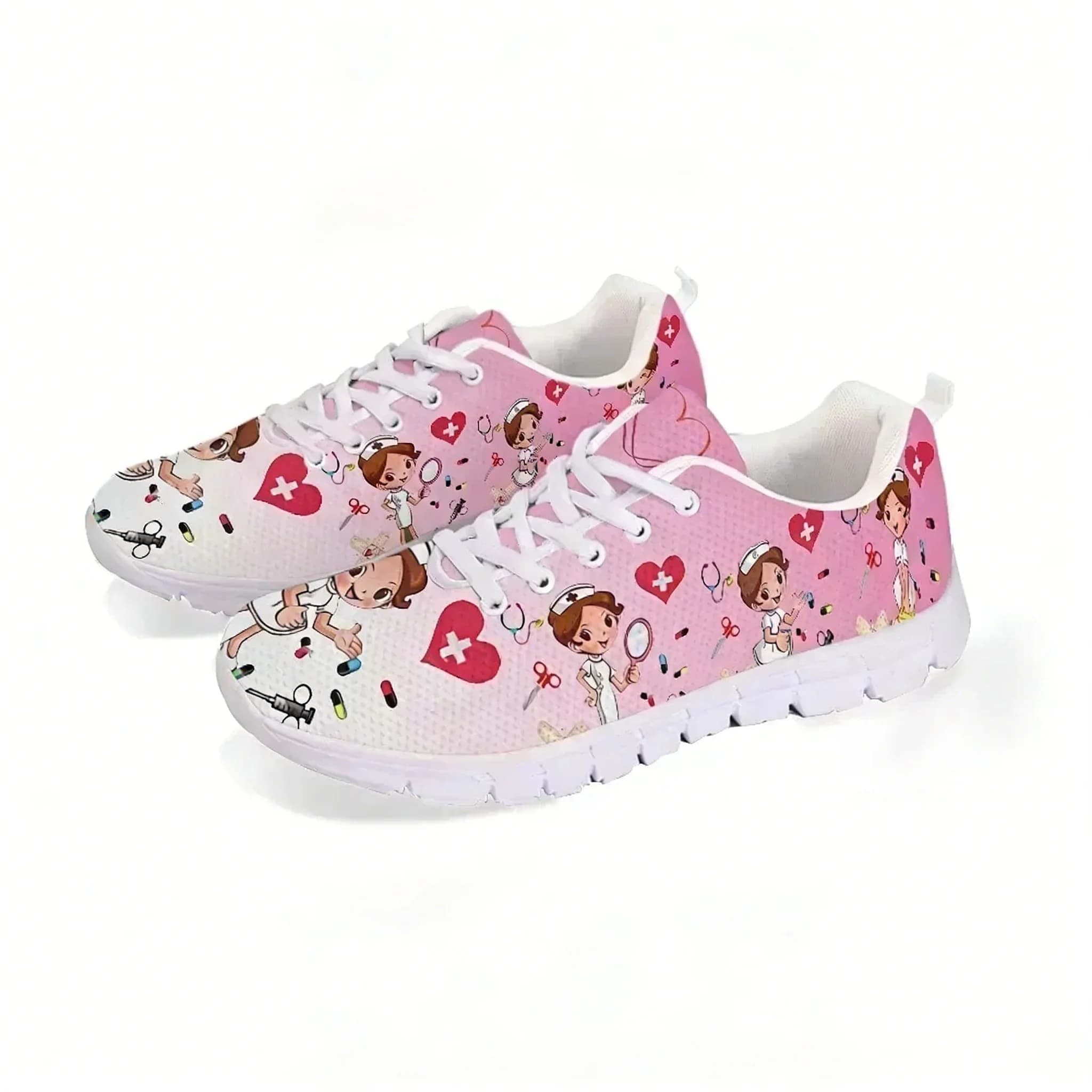 Pink Nursing Shoes Ladies Flats Sneakers Cute Cartoon Nurse/Doctor Brand Design AF Mesh Lightweight Female Footwear