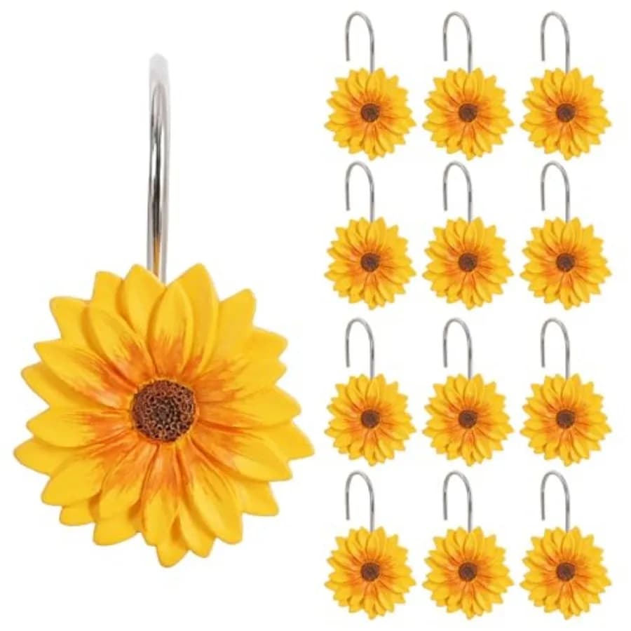 12-Piece Sunflower Shower Curtain Hooks, Yellow Flowers Stainless Steel Decorative Shower Hangers Rings for Bathroom Decor
