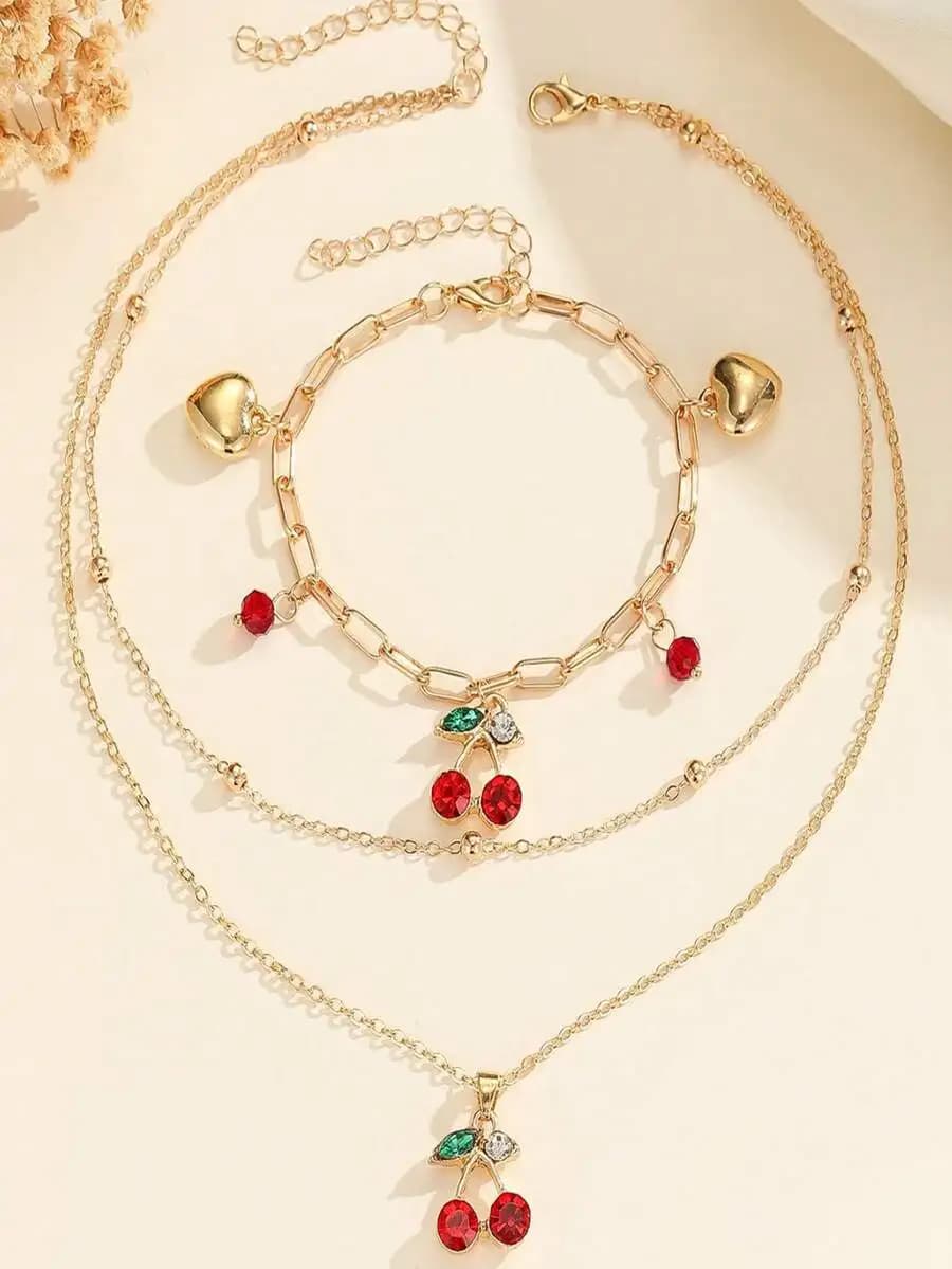Set di gioielli con frutta di ciliegia, collana e bracciale per donna, da indossare ogni giorno, regalo per feste
