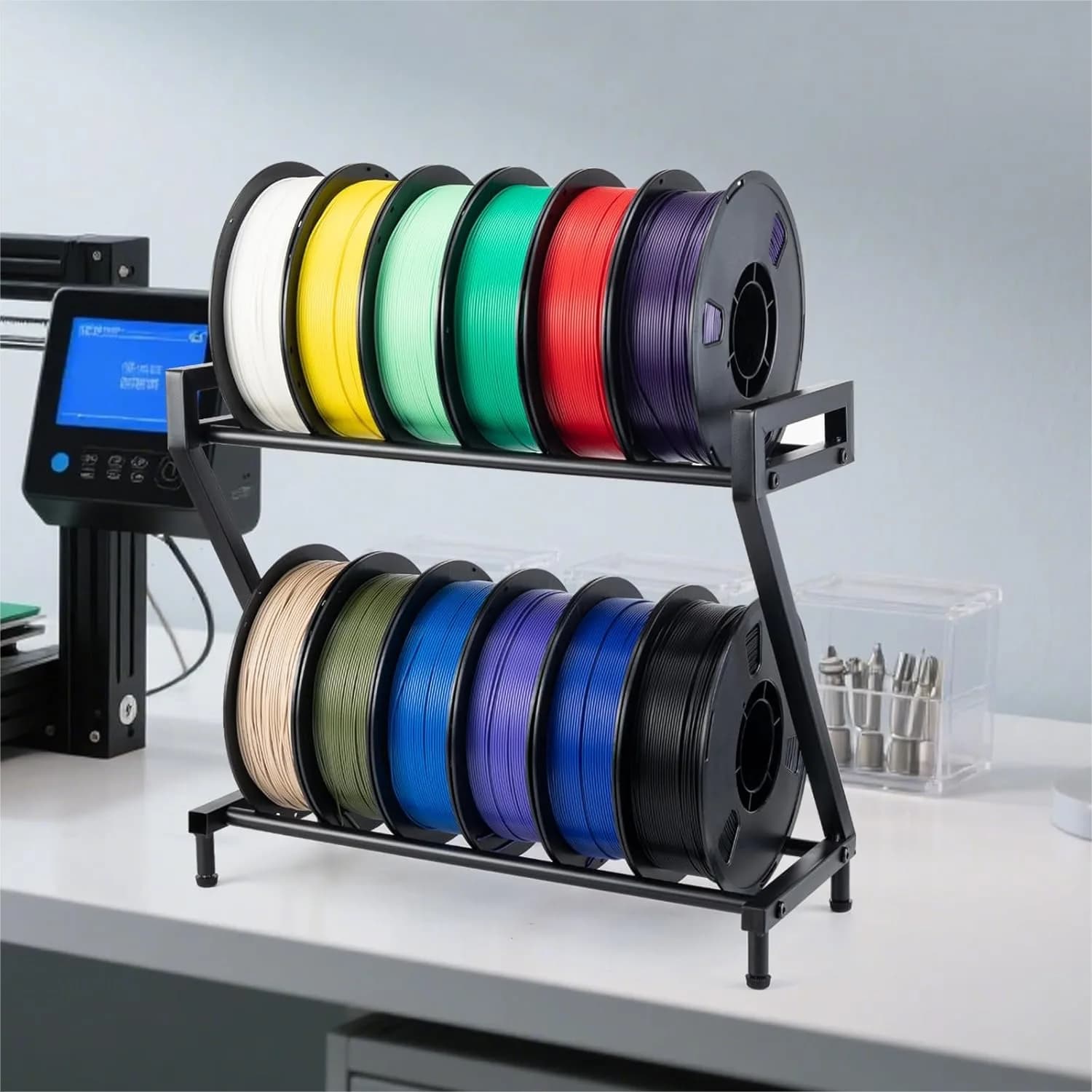Porta Filamenti in Metallo a 2 Livelli a Forma di Z per 10-12 Bobine, Organizzatore da Scrivania per PLA/ABS/TPU