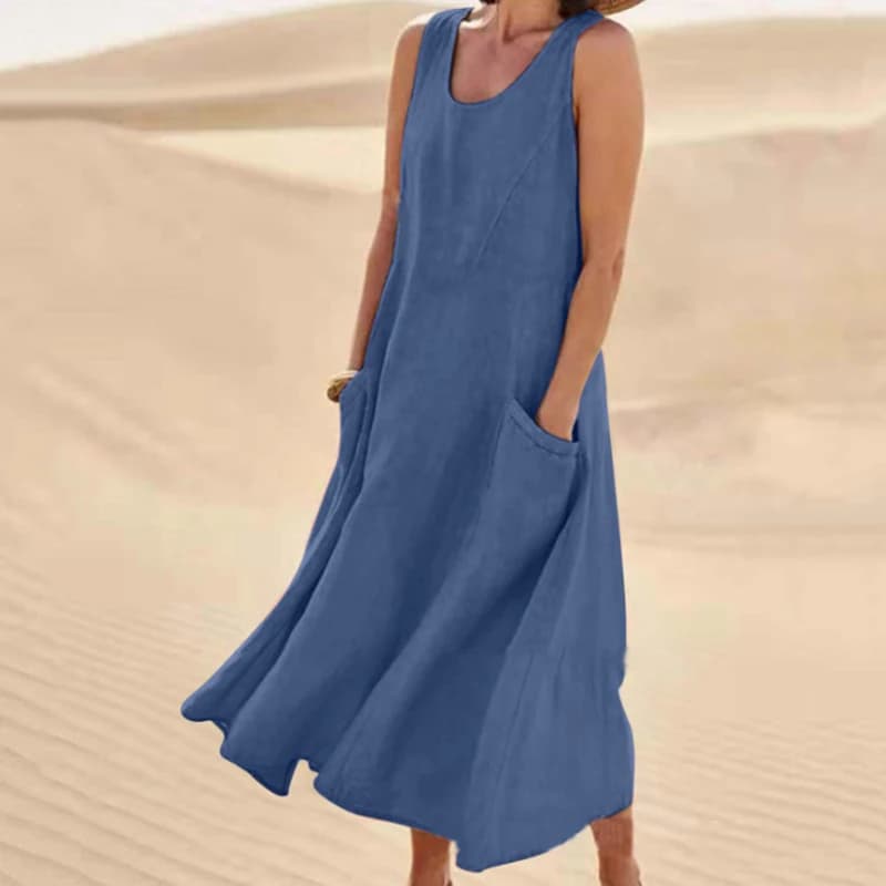 Women Vintage Harajuku Sleeveless A Line Dress Summer Casual Cotton and Linen Solid O Neck Pockets Loose Maxi Dress Robe