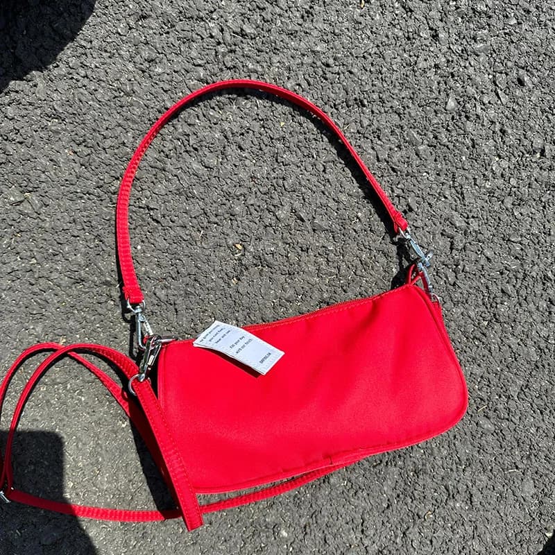 Korean Style Fashion Nylon Underarm Bag Red Simple Casual Women's Zippered Shoulder Crossbody Bag Lightweight Commuter Handbag