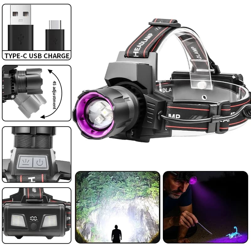 Rechargeable front lamp with 30W LED and UV purple light, 45 ° Adjustable, Digital Display, Power Bank function, Waterproof