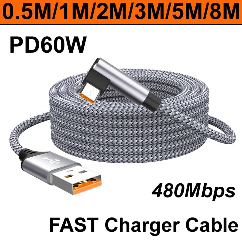 Treccia di nylon 5m 8M PD 60W 6A USB-A TYPEC A TYPE-C DATI a gomito 480Mbps Cavo di ricarica a ricarica rapida per telefono cellulare VR CCTV Camera