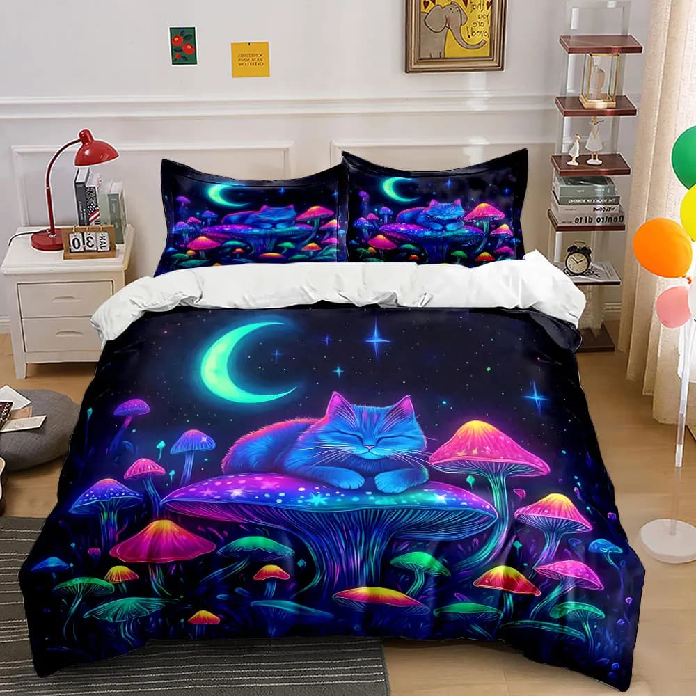 Set di biancheria da letto con stampa gatto da sogno e funghi luminosi, 1 copripiumino, 2 federe per adulti e bambini, regalo di lusso, misura completa