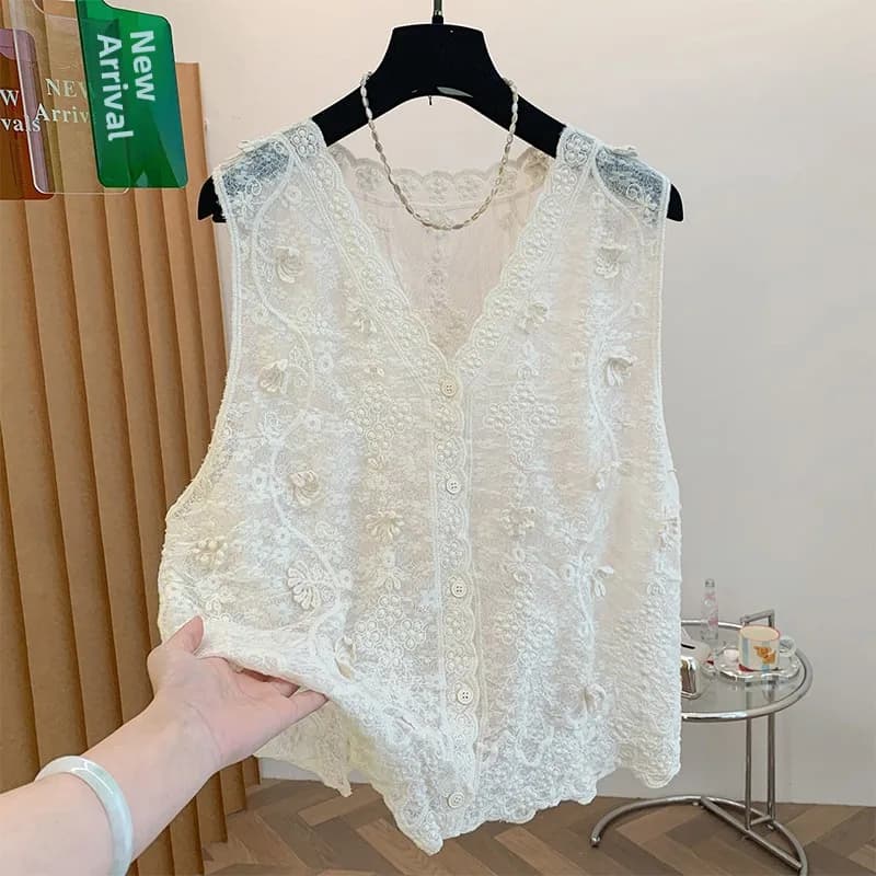 Lace Hollow out Vest Women's Summer Thin Layer Wear under Vest Loose Sleeveless Top Open Cardigan Large Size Cotton Polyester