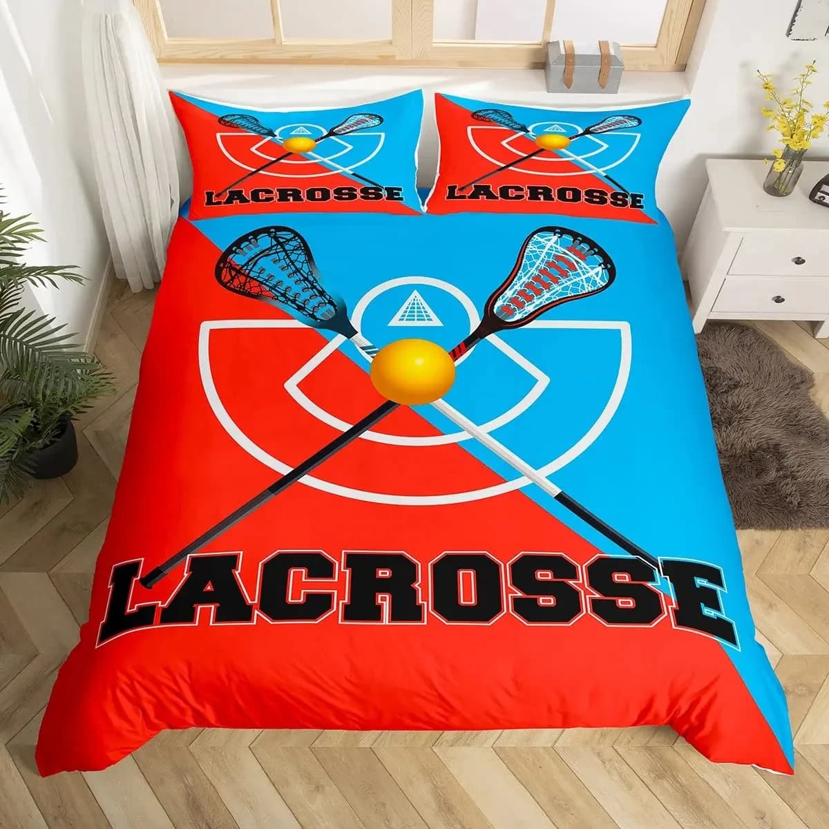 Lacrosse Duvet Cover Ball Sports Theme Bedding Set for Boys Gilrs Lacrosse Player Games Comforter Cover Room Decor Twin Queen