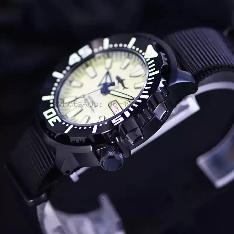 Monster is a waterproof mechanical watch with a luminous sapphire crystal
