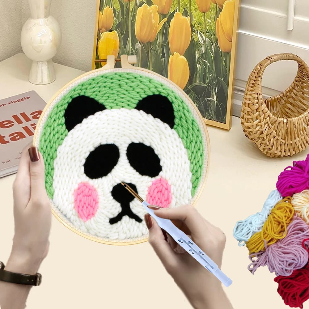 CHENISTORY Animal Punch Needle Frame Kits Hand Embroidery Kit 25x25cmPunch Needle Kit Rabbit Patterns Cross Stitch Kits