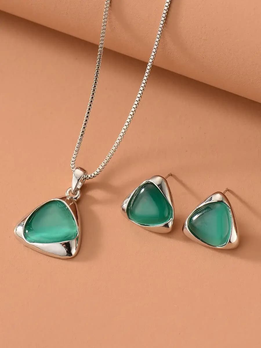 Triangle Pendant Necklace with Matching Stud Earrings Set