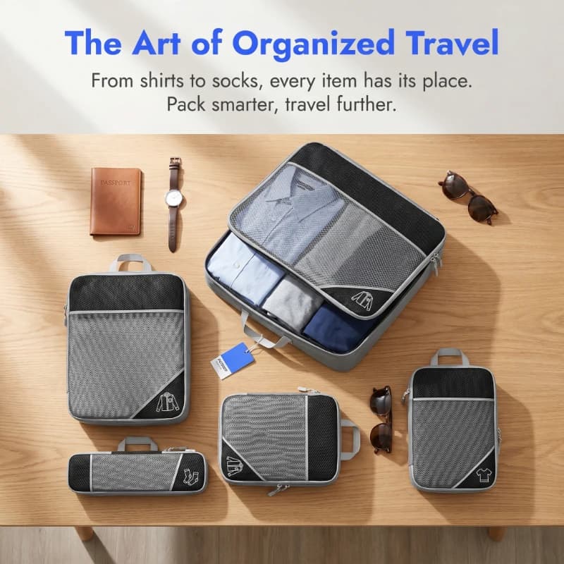 Set di 5 Cubi di Compressione Portatili e Leggeri per Viaggi, Organizzatori per Bagagli con Rete Trasparente e Borsa per Scarpe