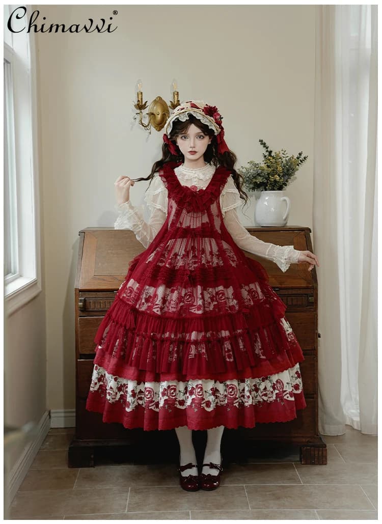 Abito Jsk con pendolo a quattro sezioni ricamato con stampa pastorale originale Cla Abito estivo Sweet Girl da donna a vita alta Kawaii Lolita