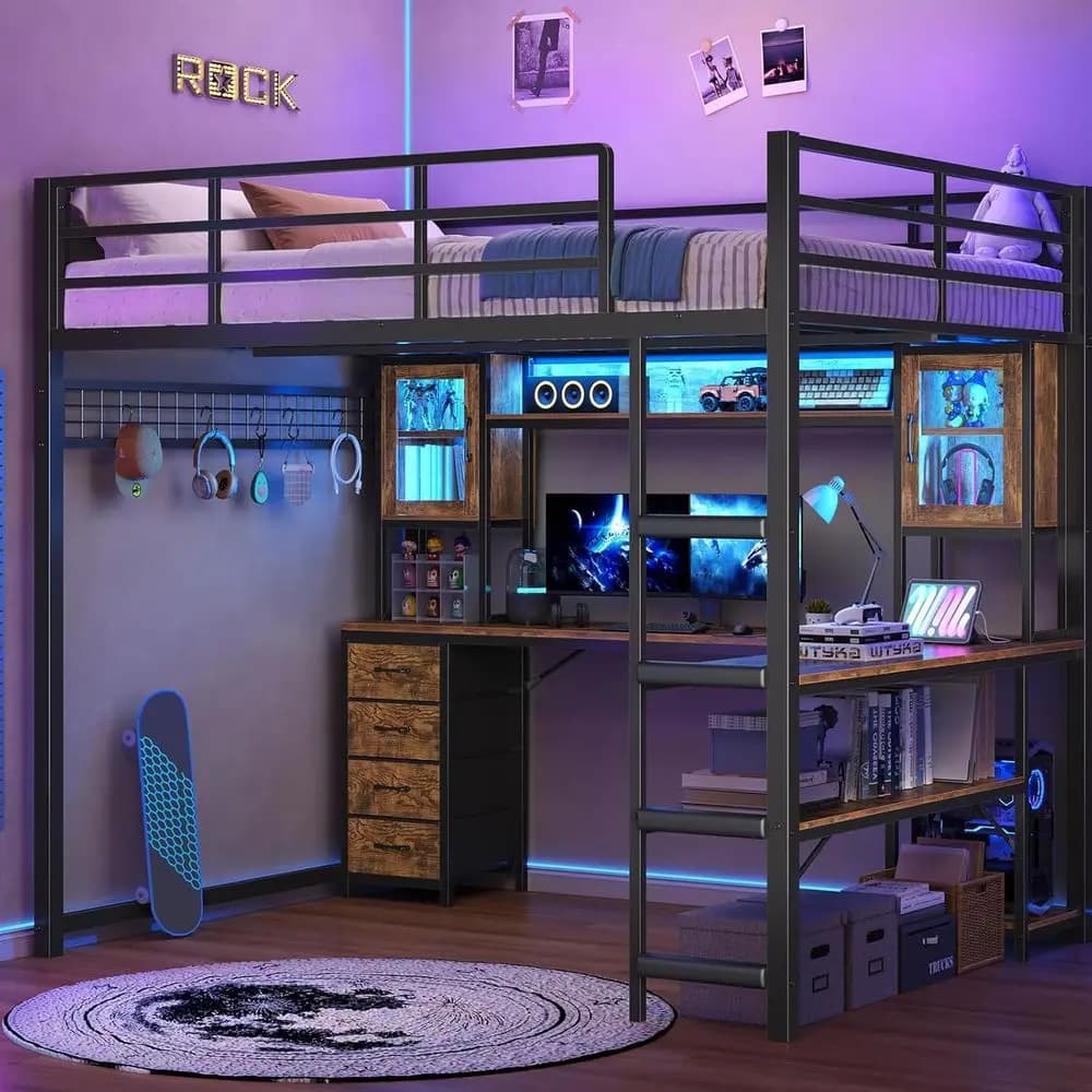 Full Size Gaming Loft Bed with Desk, Storage, Power Outlet, Metal Frame, RGB Lights, Space-Saving for Gamers or Teens, Black