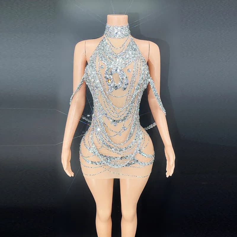 Sexy Sparkly Silver Prom Dresses Glitter Beads Crystal Rhinestones See-Thru Tassels Birthday Party Gowns Sexy short skirt