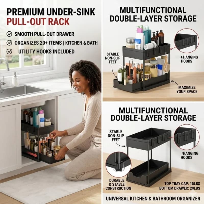 Organizzatore Multifunzionale a Due Livelli con 4 Ganci, Cassetto Estraibile Sotto Lavello per Cucina e Bagno