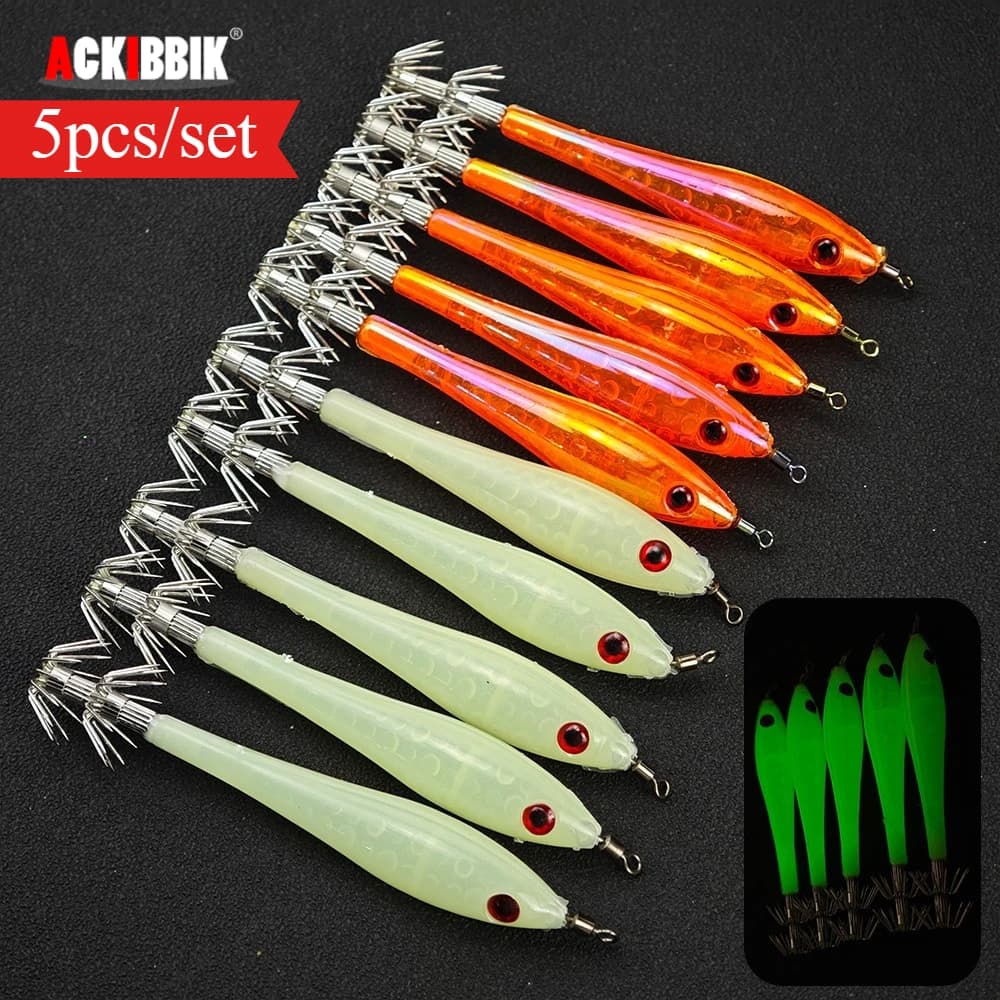 Ackibbik 5 pz/set Gamberetti Esche Calamari Jig Richiamo Ganci Esche Da Pesca In Acqua Salata Pesca Notturna Seppie Accessori Per la Pesca
