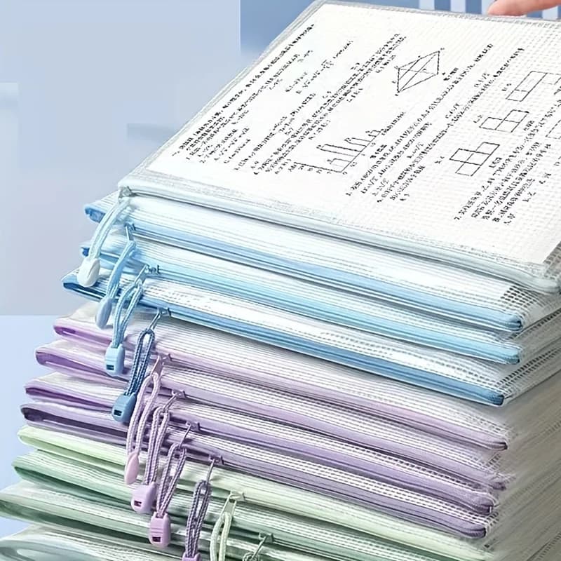 10pcs A4 Transparent Mesh Bags with Zipper Plastic Document Folders Files Portable Organizer Pouch for Travel Office Supplies