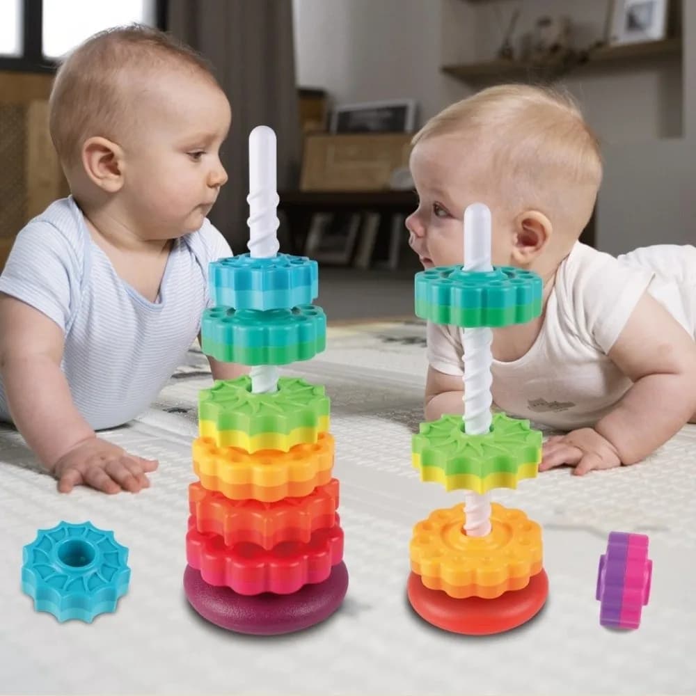 Sviluppo dell'intelligenza educativa Puzzle impilabile rotante Anello geometrico Montessori Blocco impilabile Ruota ad anello Neonati Giocano