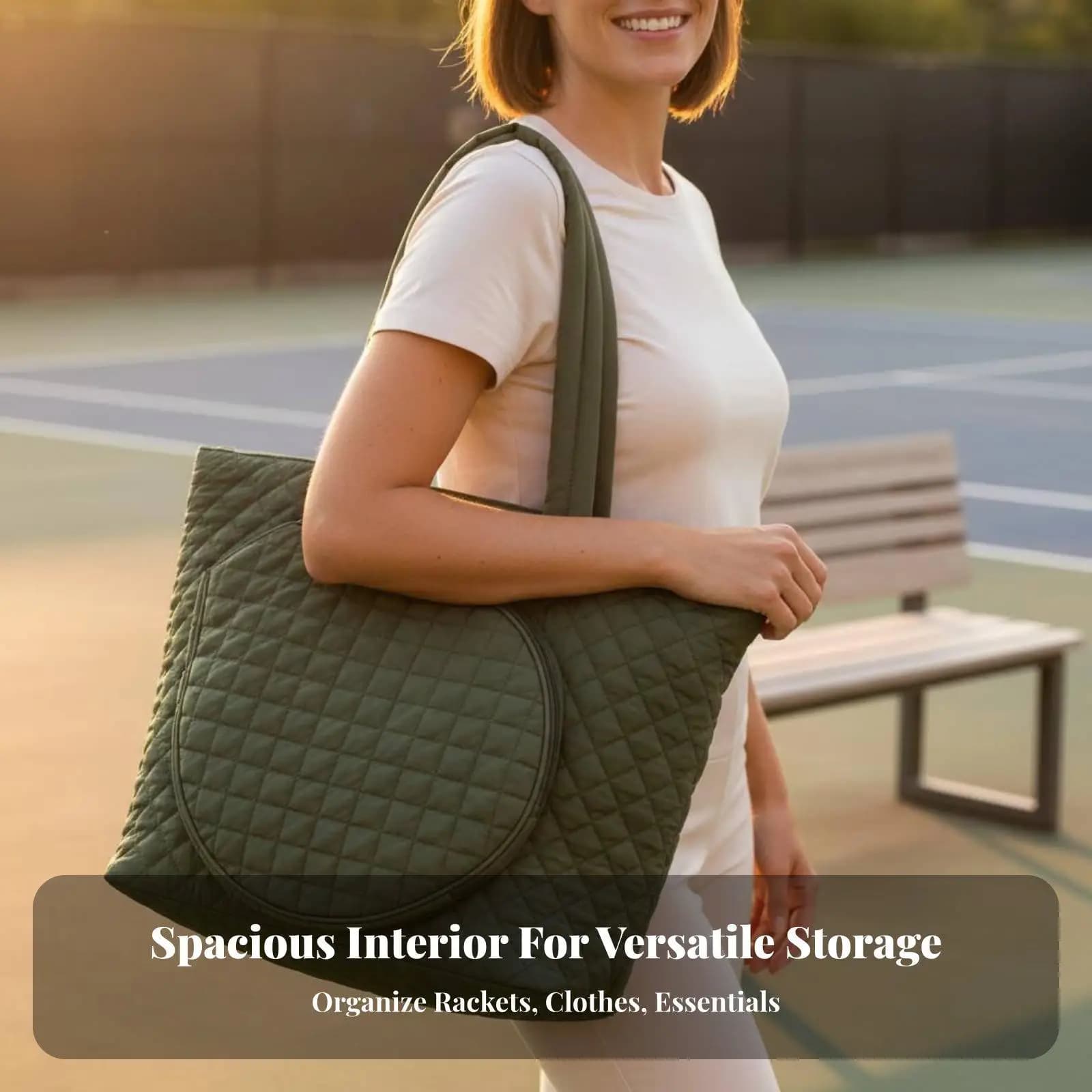 Spacious Quilted Tennis Racquet Bag Polyester Tote for 2 Rackets Front Compartment Detachable Shoulder Strap for Travel Gym