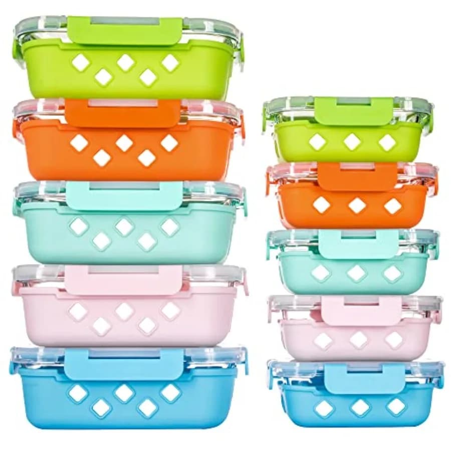 Set di 10 Contenitori in Vetro per Preparazione Pasti con Manicotti in Silicone Rimovibili, Set di Contenitori per Alimenti con Coperchi Ermetici 34oz+12oz