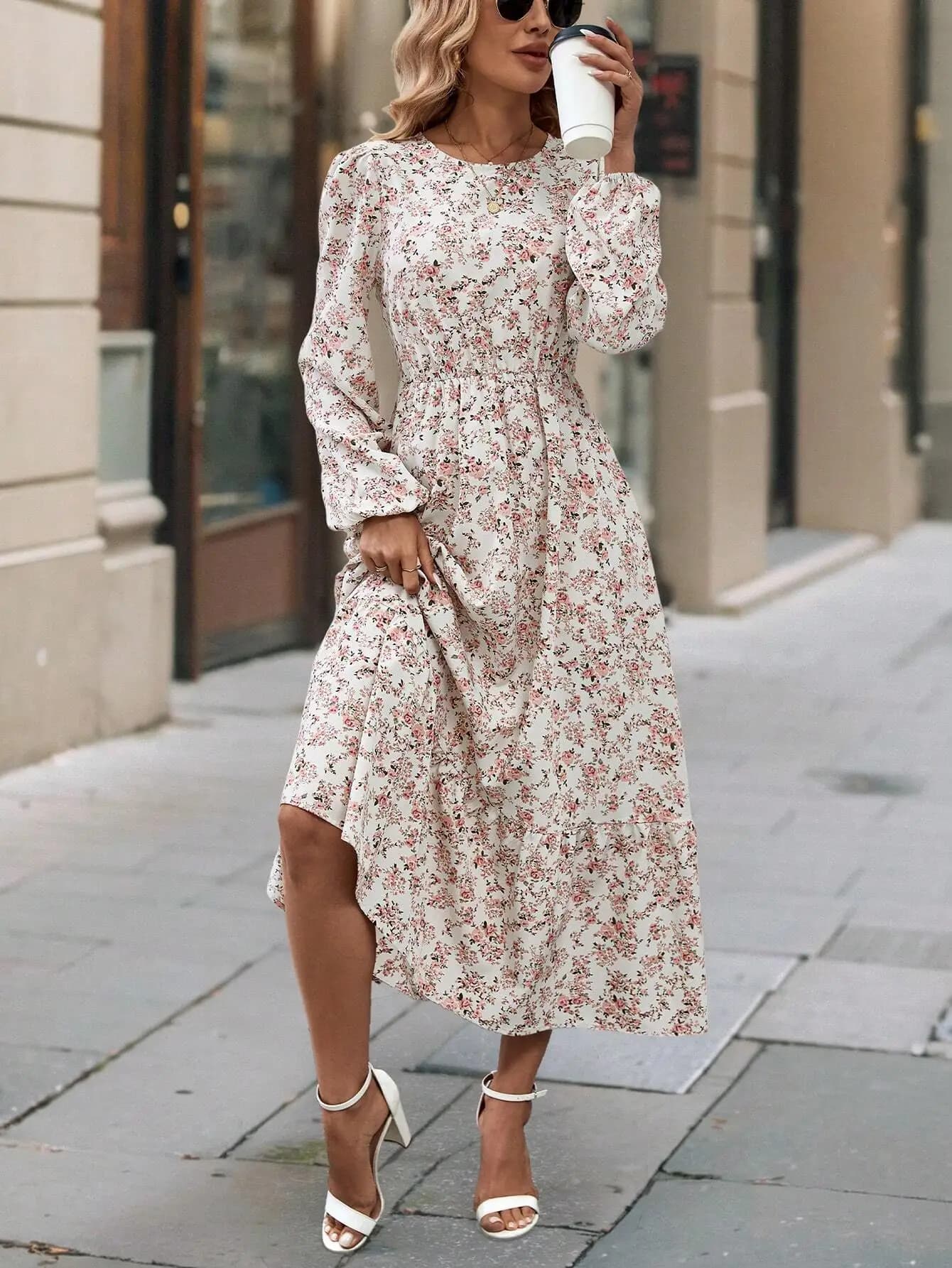 Abito midi da donna con scollo rotondo, floreale, a maniche lunghe, casual, a trapezio, per le vacanze