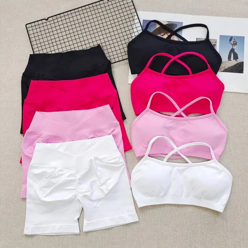 Women's fast drying seamless fitness set, sports bra and V waist yoga shorts with push-up effect, Pilates clothing and gym workout.