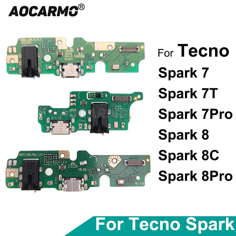 Aocarmo per Tecno Spark 7 7T Pro 8 8C 8Pro: Cavo Flex per Porta di Ricarica, Microfono e Jack Auricolare, Scheda Circuito, Ricambi per Riparazione