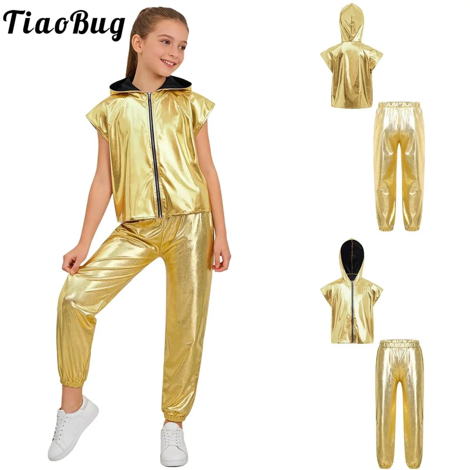 Completo da ballo per bambini e ragazzi, lucido, per performance di danza jazz, street e moderna, 2 pezzi: gilet metallizzato con cappuccio e cerniera senza maniche e pantaloni