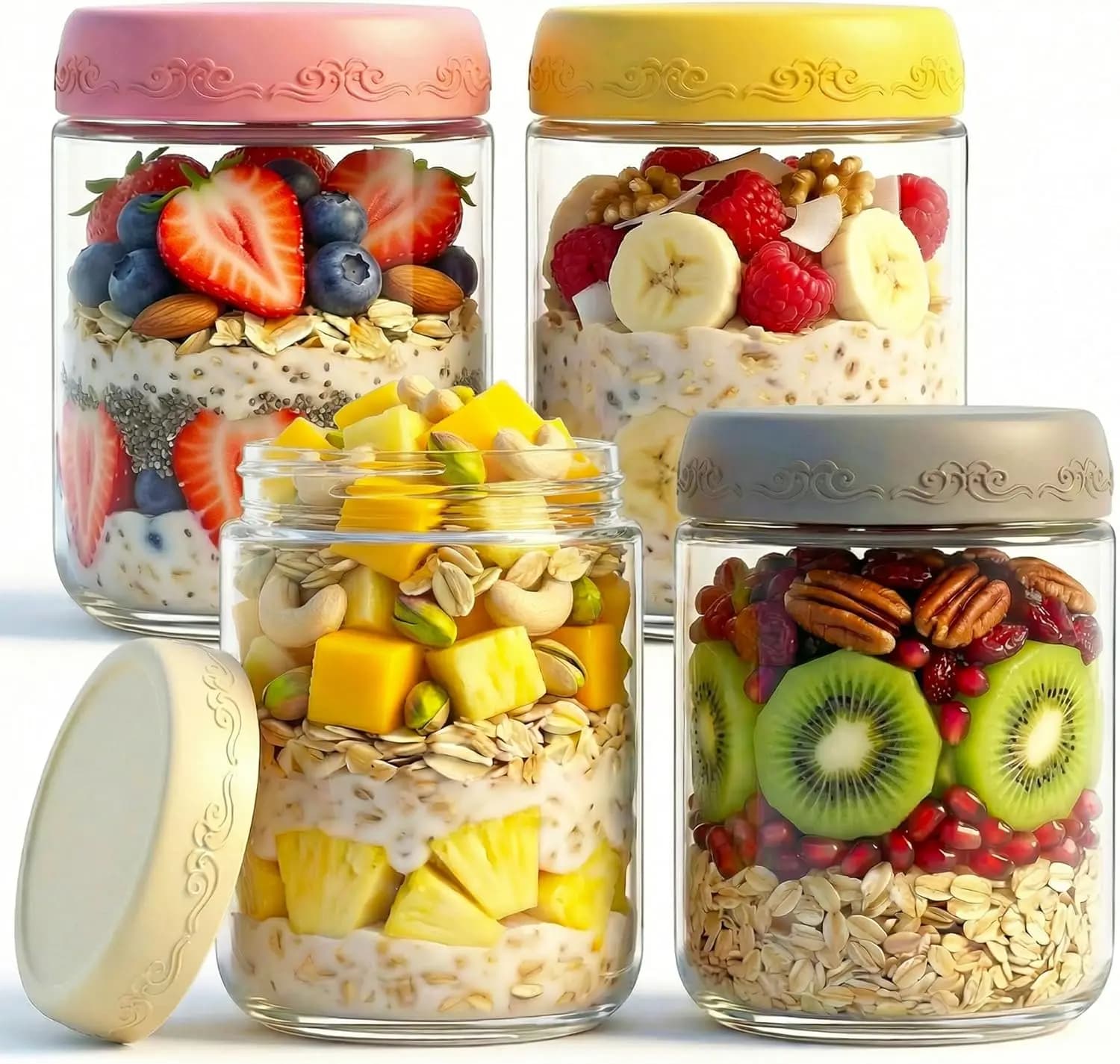16 OZ 4Pack, Overnight Oats Jars with Lids, Glass Meal Prep Containers, Airtight Mason Jars for Breakfast, Yogurt Parfait, Salad