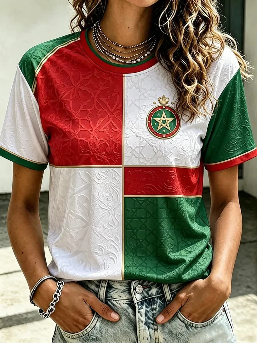 2026 Morocco National Team Flag T-Shirt Women's V-Neck Sportswear with "MOROCCO" Crest & Traditional Trim Casual Tops Jersey