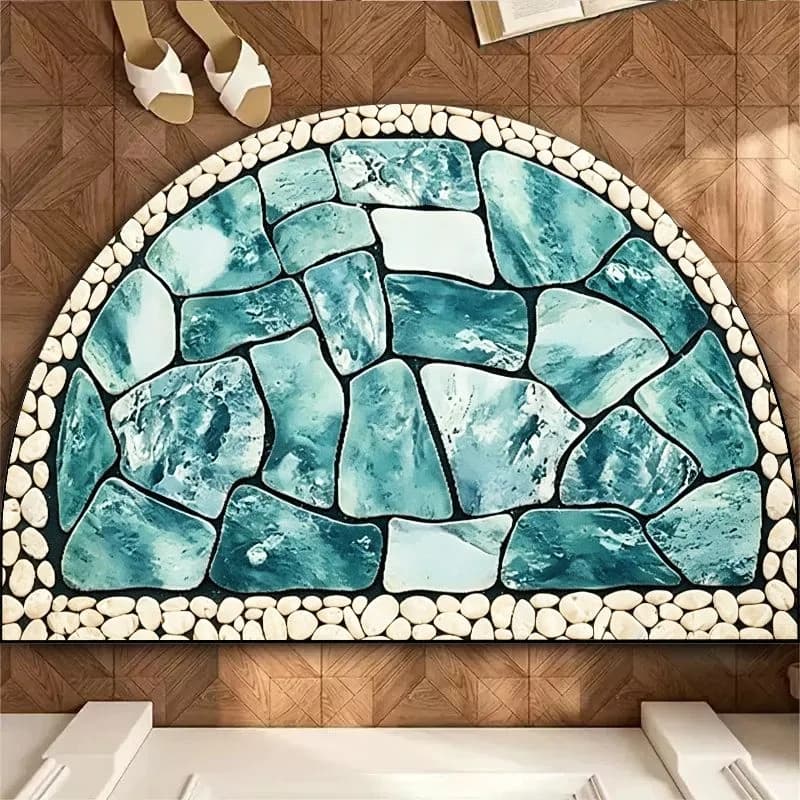 VIKAMA Turquoise Mosaic Tile Mat, Semi-Circle Stone Non-slip Bathroom Shower Rug